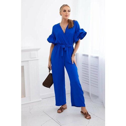 Kesi Jumpsuit with a tie at the waist with decorative sleeves cornflower blue Cene