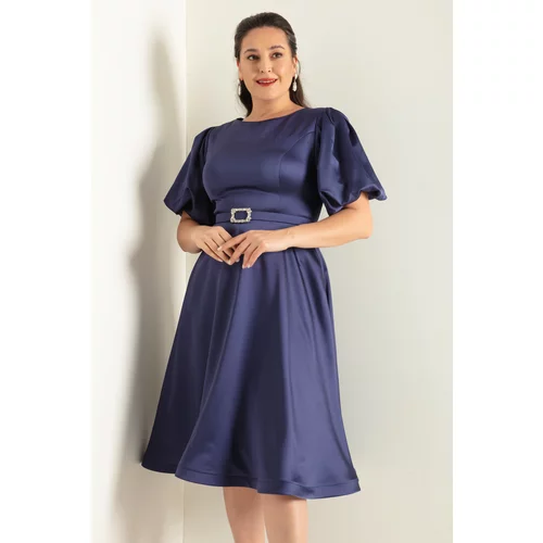Lafaba Women's Navy Blue Balloon Sleeve Stone Belted Plus Size Satin Evening Dress