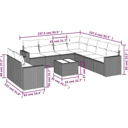 vidaXL 10-dijelni set vrtnih sofa poliratan s jastucima svijetlosivi Cijene