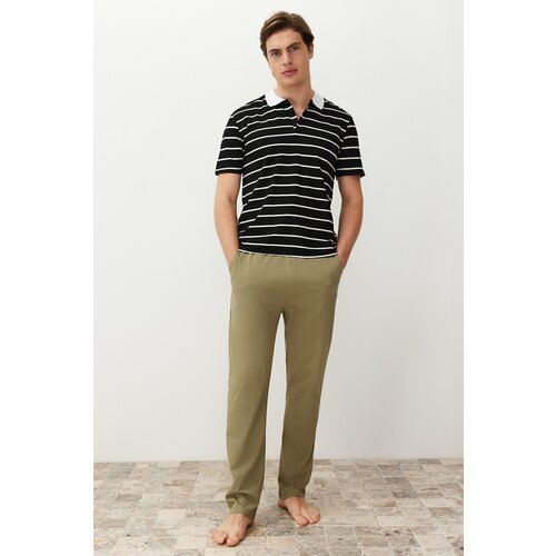 Trendyol Men's Black Regular Fit Striped Polo Neck Knitted Pajama Set Slike