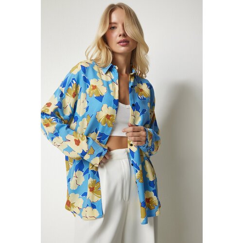  Women's Blue Yellow Patterned Oversize Flowy Viscose Shirt Cijene