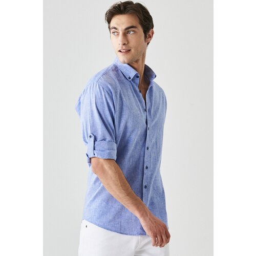 AC&Co / Altınyıldız Classics Men's Sax-Blue Comfort Fit Relaxed-Cut Buttoned Collar Casual Linen Shirt. Slike