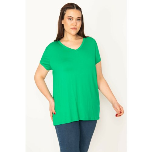 Şans Women's Plus Size Green V-Neck Short Sleeve Blouse Slike