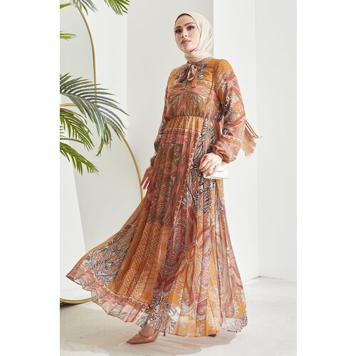 InStyle Elinor Shawl Pattern Pleated Chiffon Hijab Dress - Mustard Slike