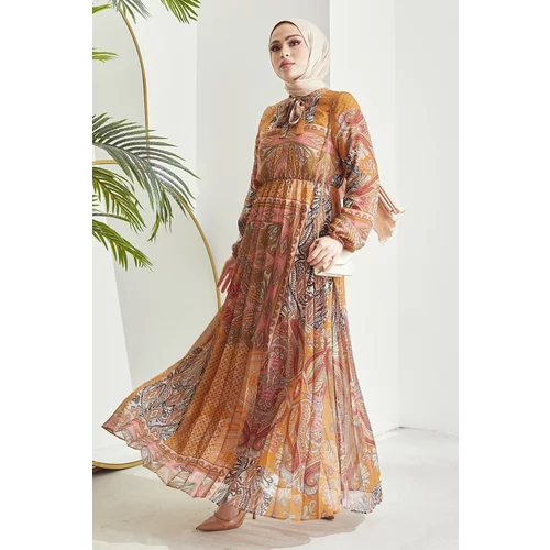InStyle Elinor Shawl Pattern Pleated Chiffon Hijab Dress - Mustard