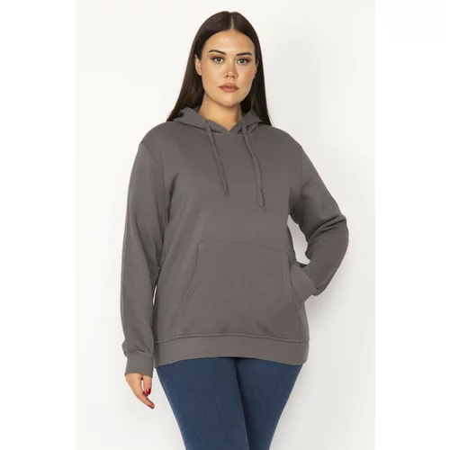 Şans Women's Plus Size Smoked Inner Raising 3 Thread Kangaroo Pocket Hooded Sweatshirt