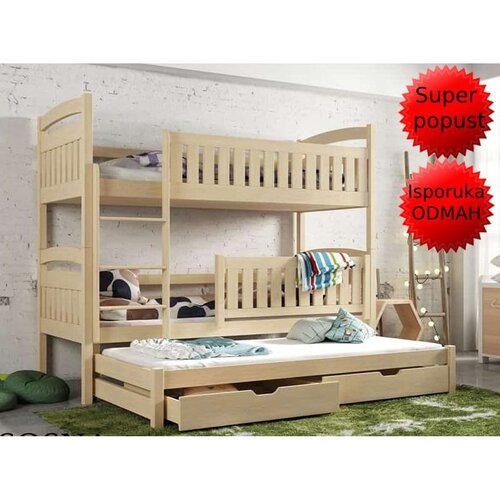 Molarem Home Drveni dječji krevet na kat Blanka s tri kreveta i ladicom - svijetlo drvo - 200*90 cm Slike