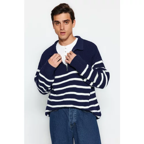 Trendyol Navy Blue Men's Oversize Fit Wide Fit Polo Neck Striped Knitwear Sweater.
