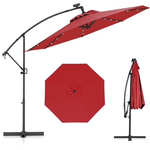 Costway Vrtna senčnik z LED lučmi, vrtljiv 360&amp;deg;, rdeč, 300 cm, (5000007056) Slike