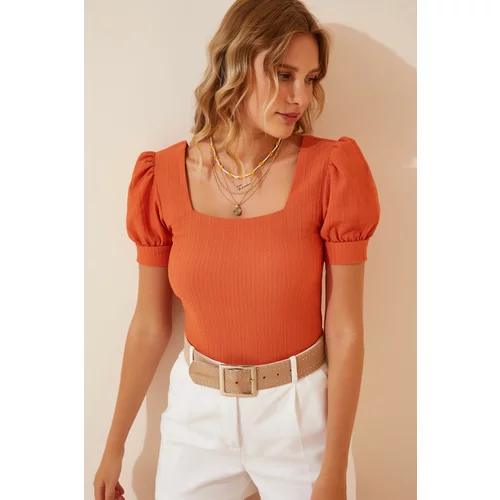Happiness İstanbul Women's Dark Orange Square Collar Balloon Sleeve Knitted Blouse