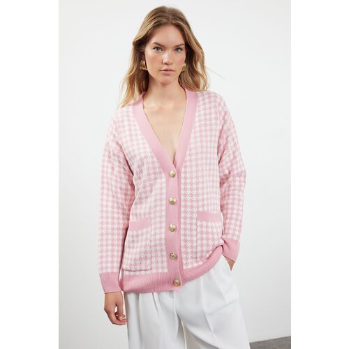 Trendyol Pink Wide Fit Houndstooth Knitwear Cardigan Cijene