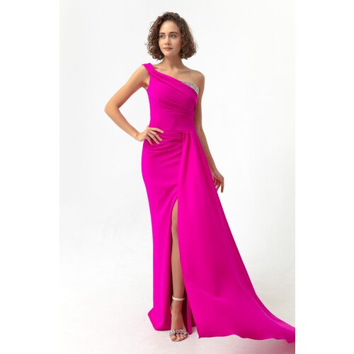 Lafaba Women&amp;#039;s Fuchsia One-Shoulder Long Evening Dress with Stones. Slike