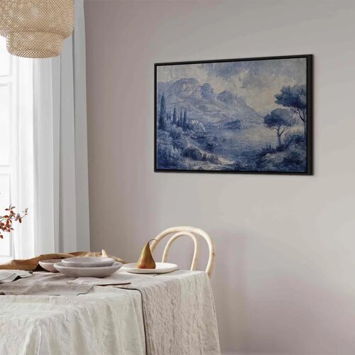 Slika - Blue Bay - Italian landscape of Lake Como painted with blue ink 60x40 U crnom drvenom okviru Cene