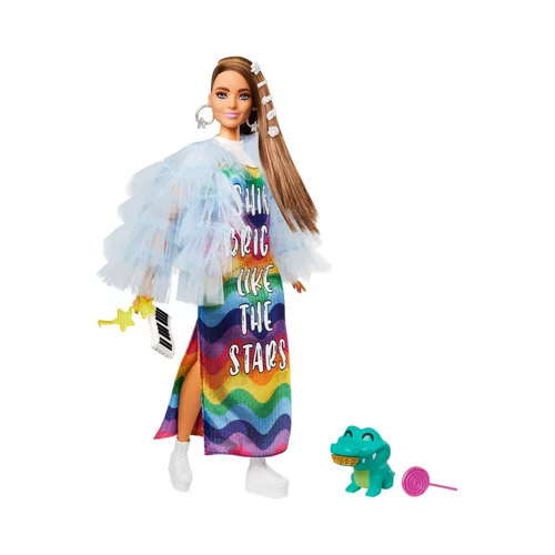 Barbie Extra - lutka v modri jakni z naborki in s hišnim ljubljenčkom krokodilom