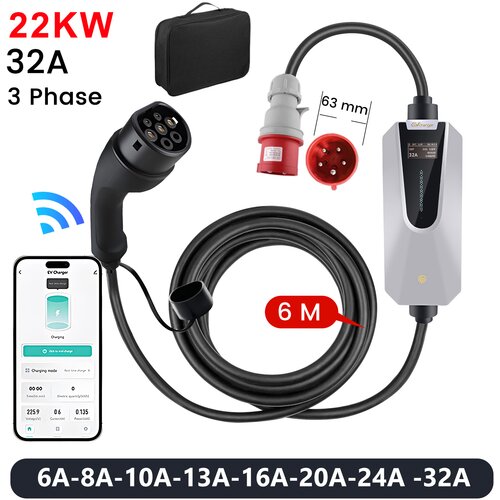 JUNSUN Polnilni kabel za električna vozila tipa 2 - trifazni 22 kW, regulacija toka APP, časovno polnjenje, prenosni polnilnik 6 m (6/8/10/13/16/20/24/32A), (22127988) Cene