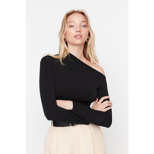 Trendyol Black Slim Snap Fastener Asymmetric Collar Stretchy Knitted Bodysuit Cene