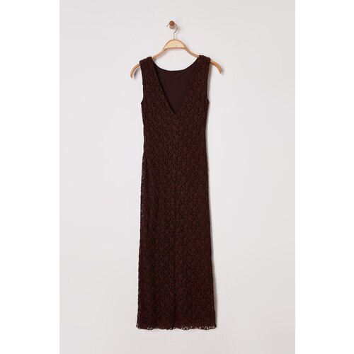 Trendyol Limited Edition Brown Lace Bodycon Stretchy Knit Dress Cene