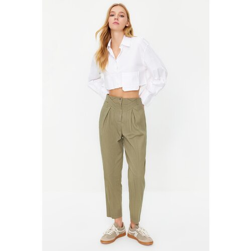 Trendyol Khaki Cotton Carrot Pattern Stripe Detailed Woven Trousers Slike