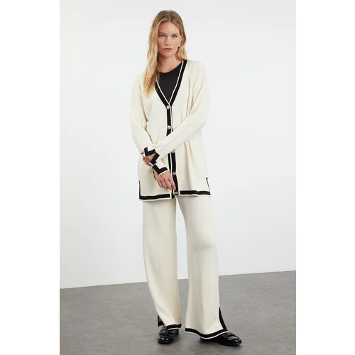 Trendyol Stone Color Blocked Knitwear Cardigan Trousers Bottom-Top Set