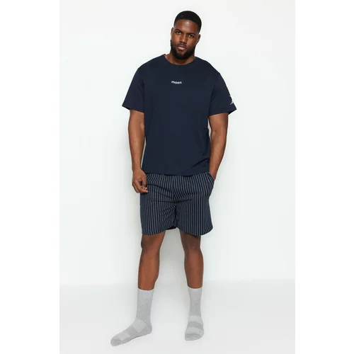 Trendyol Plus Size Pajama Set - Navy blue - Striped