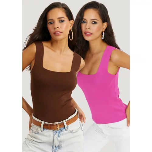 Cool & Sexy Women's Brown-Pink Two-Piece Square Collar Knitwear Blouse YV124