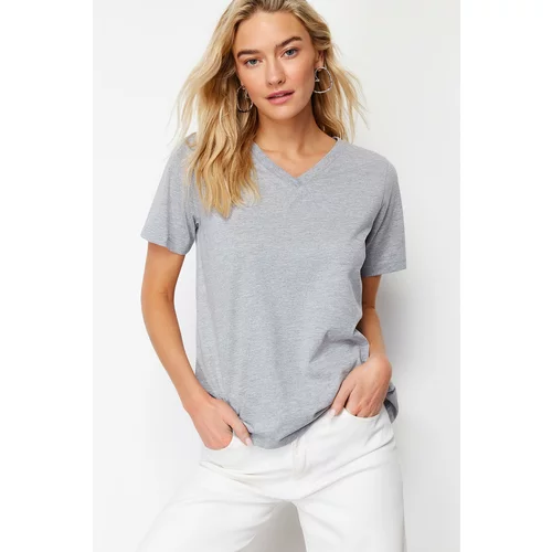 Trendyol Gray Melange 100% Cotton Basic V-Neck Knitted T-Shirt