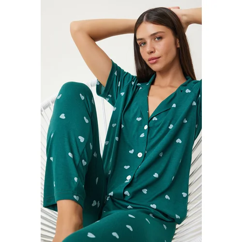 Happiness İstanbul Women's Dark Green Heart-shaped Shirt Trousers Pajama Set