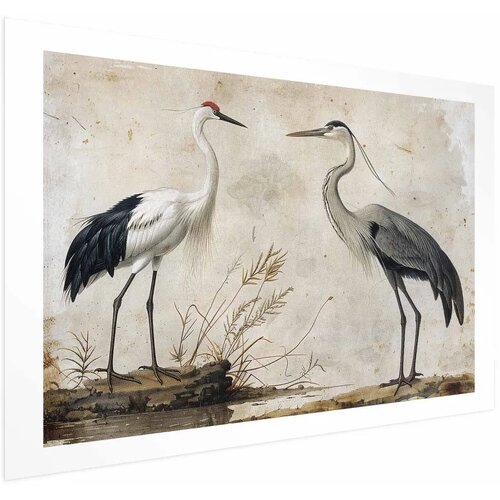  Plakat - Birds from an Old Engraving - vintage-style illustration of a heron and a crane 60x40 Bez okvira s margom Cene