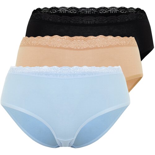 Trendyol Black-Skin-Blue 3-Pack Cotton Lace Detailed Comfortable Fit Hipster Knitted Panties Cene