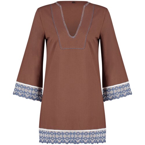 Trendyol Brown Mini Woven Stripe Accessory 100% Cotton Beach Dress Cene