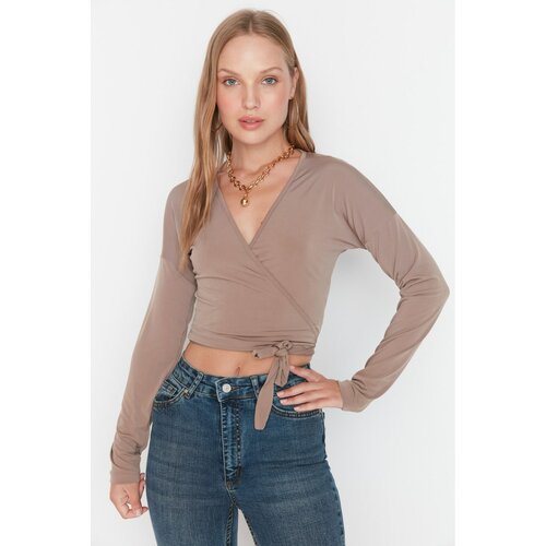 Trendyol Mink Double Breasted Crop Knitted Blouse Slike