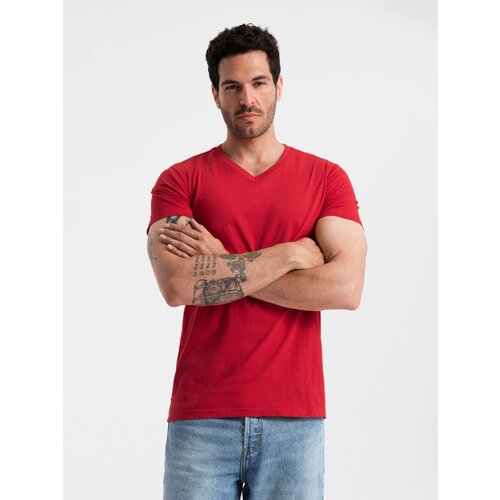 Ombre Men's BASIC classic cotton T-shirt with a v-neck - red Slike