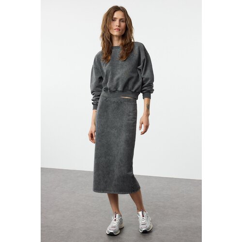 Trendyol Gray Poplin Detailed and Washed Regular/Normal Fit Midi Knitted Bottom-Top Set Slike