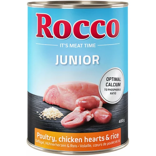 Rocco Ekonomično pakiranje: Junior 24 x 400 g - Pileća srca + riža +kalcij