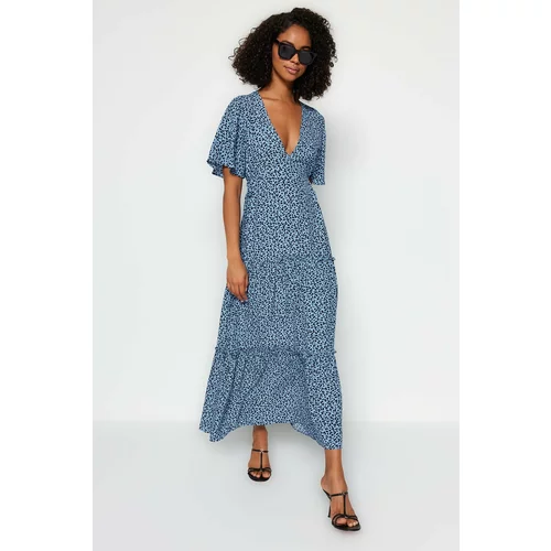 Trendyol Blue V-Neck Printed Woven Relaxed Fit Dress