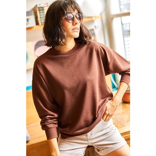 Olalook Women&amp;#039;s Bitter Brown Crewneck Skirt With A Slit Basic Sweatshirt Slike