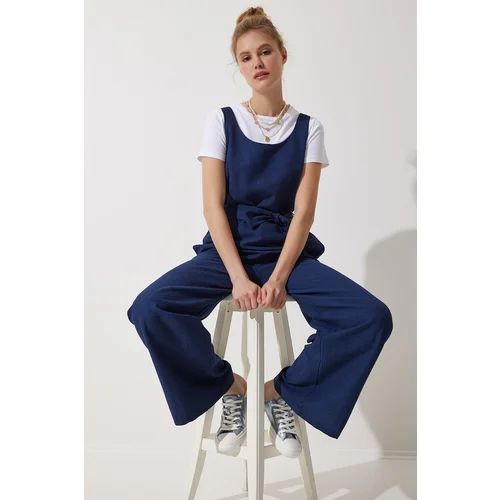  Women's Navy Blue Belted Linen Jumpsuit