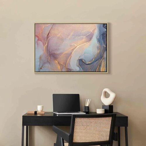  Slika - Pink and blue marble - abstract watercolour with gold accents 60x40 U prirodnom drvenom okviru Slike