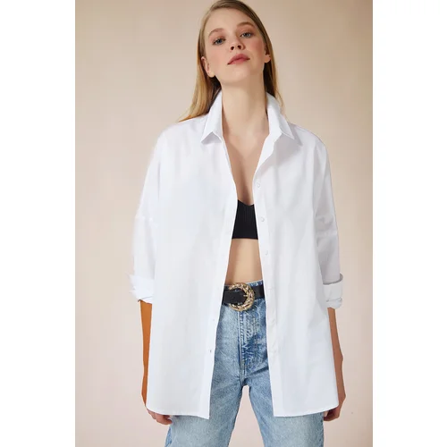  Women's White Oversize Long Basic Shirt