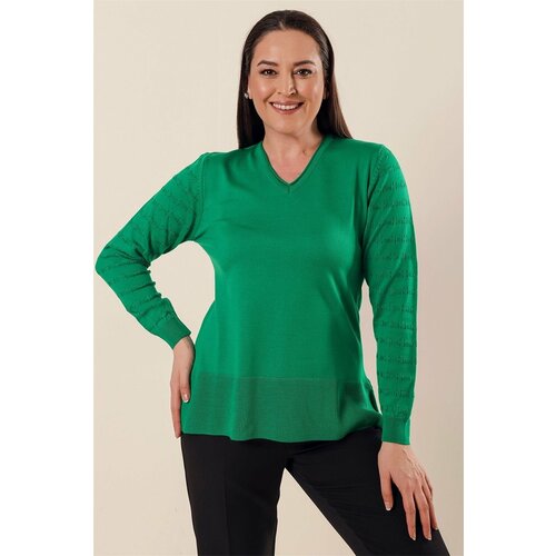 By Saygı V-neck Acrylic Sweater with Sleeves Patterned Plus Size Plus Size Size Sweater Green with slits in the sides. Slike