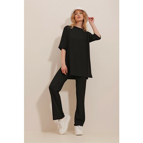 Trend Alaçatı Stili Women's Black Crew Neck Double Sided Sleeves Slit Trousers Suit Slike