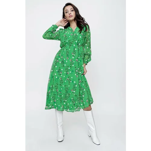 By Saygı Green Chiffon Dress With Half Buttons In The Front, Elastic Waist And Lined Floral Chiffon Dress
