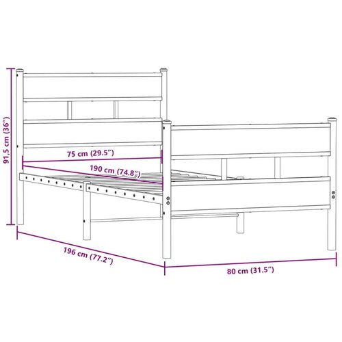 vidaXL Metalni okvir kreveta bez madraca boja hrasta 75x190 cm Cijene