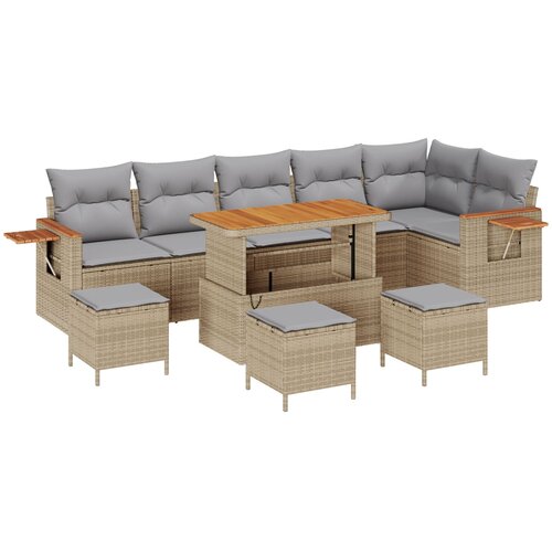 VidaXL 10 komada vrtna sofa set s jastučićima bež poliratan acacia, 4 komada vrtni set za blagovanje s jastučićima bež poliratan acacia Slike