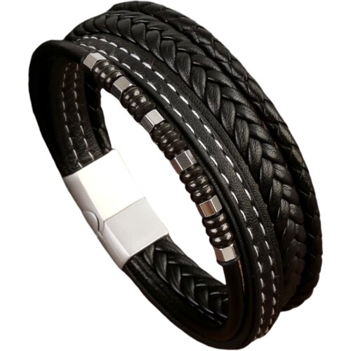 INF Večslojna retro pletena usnjena zapestnica za moške Black, (21247824) Cene