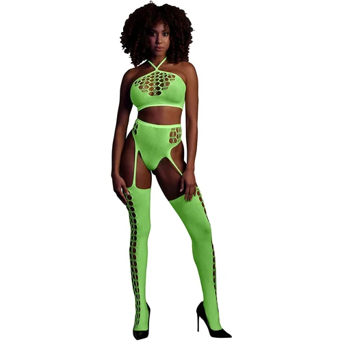 Ouch! Glow in the Dark Two Piece with Crop Top and Stockings Neon Green XL-4XL