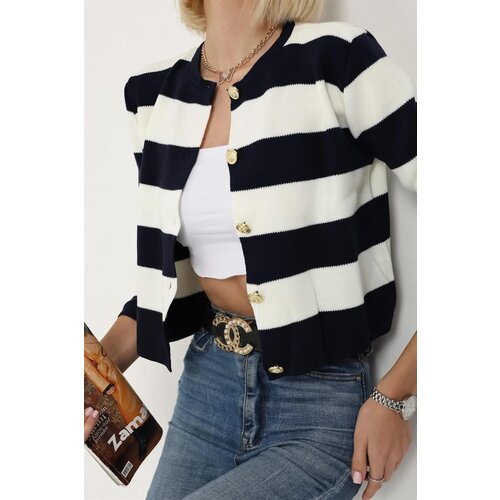 Dewberry 74390 Crew Neck Striped Crop Cardigan-NAVY Slike
