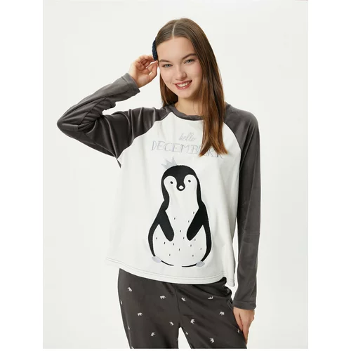 Koton Fleece Pajama Top Penguin Embroidered Crew Neck Raglan Sleeve