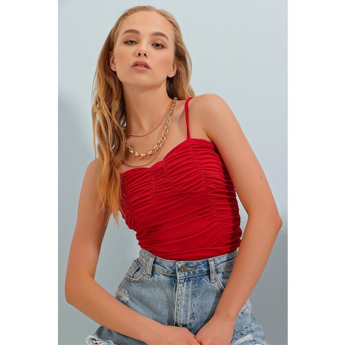 Trend Alaçatı Stili Women's Red Adjustable Rope Strap Full Draped Sandy Crop Blouse Slike