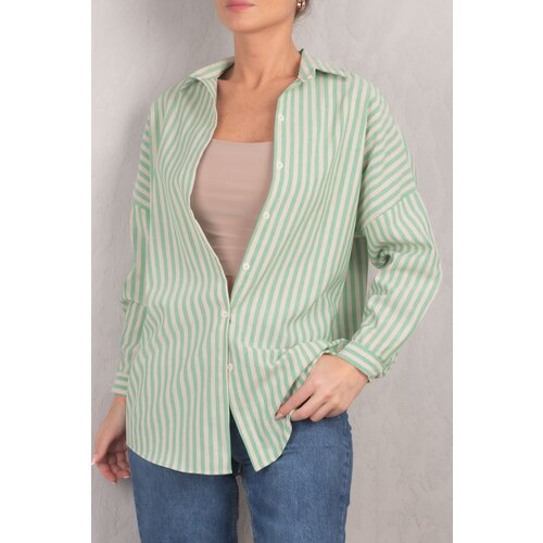 armonika Women's Green Striped Oversize Long Basic Shirt Slike